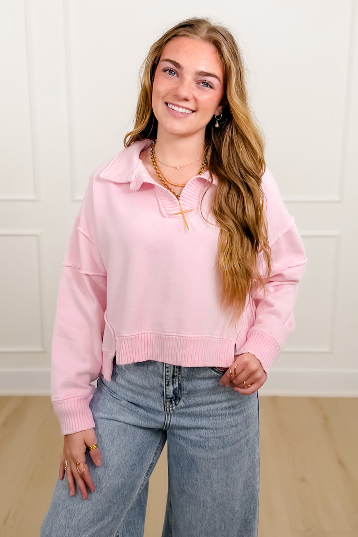 Mineral Wash Long Sleeve V Neck Sweatshirt - Freckled Poppy