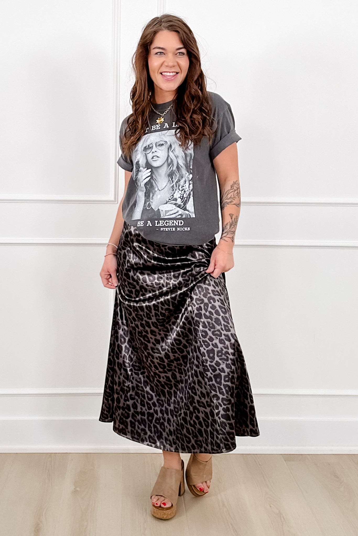 Leopard Print Satin Elastic Waist Midi Skirt