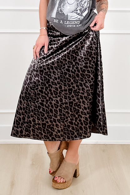 Leopard Print Satin Elastic Waist Midi Skirt