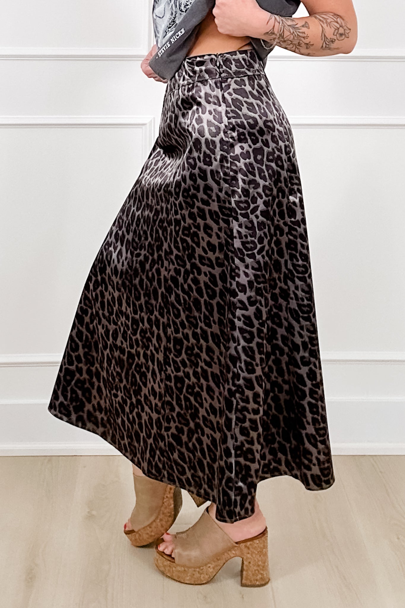 Leopard Print Satin Elastic Waist Midi Skirt