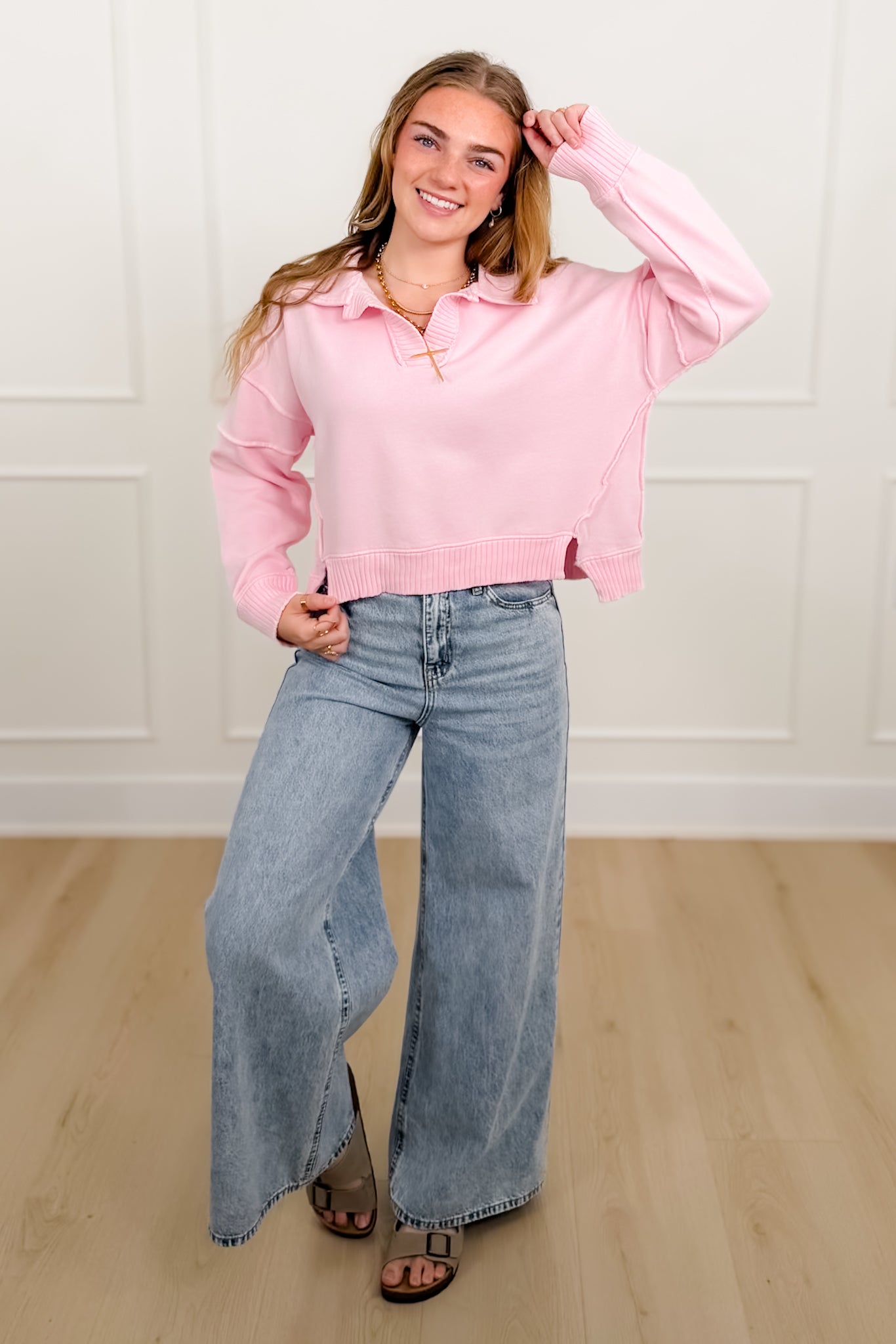 Mineral Wash Long Sleeve V Neck Sweatshirt