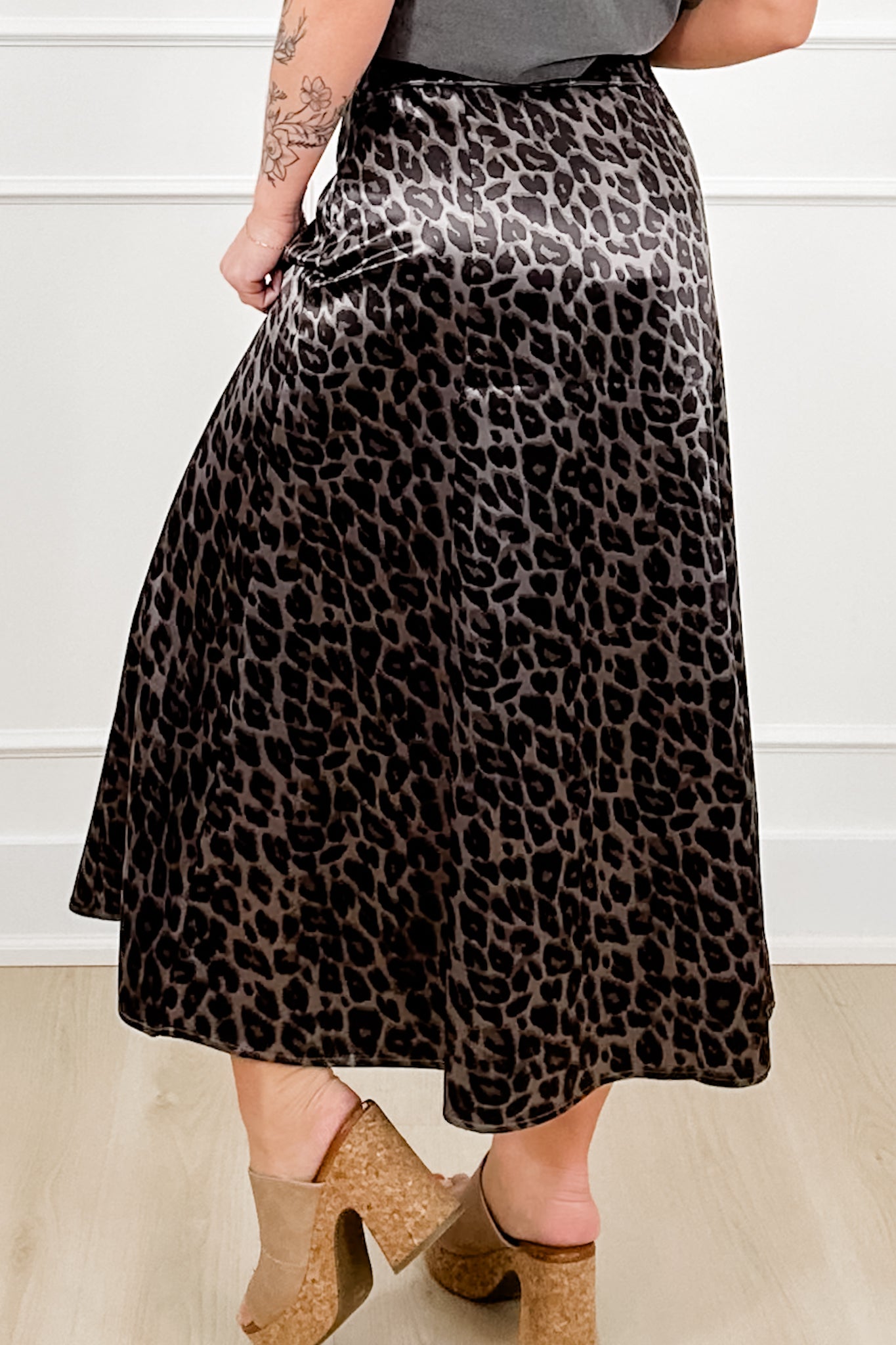Leopard Print Satin Elastic Waist Midi Skirt