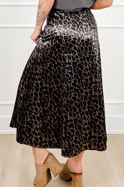 Leopard Print Satin Elastic Waist Midi Skirt