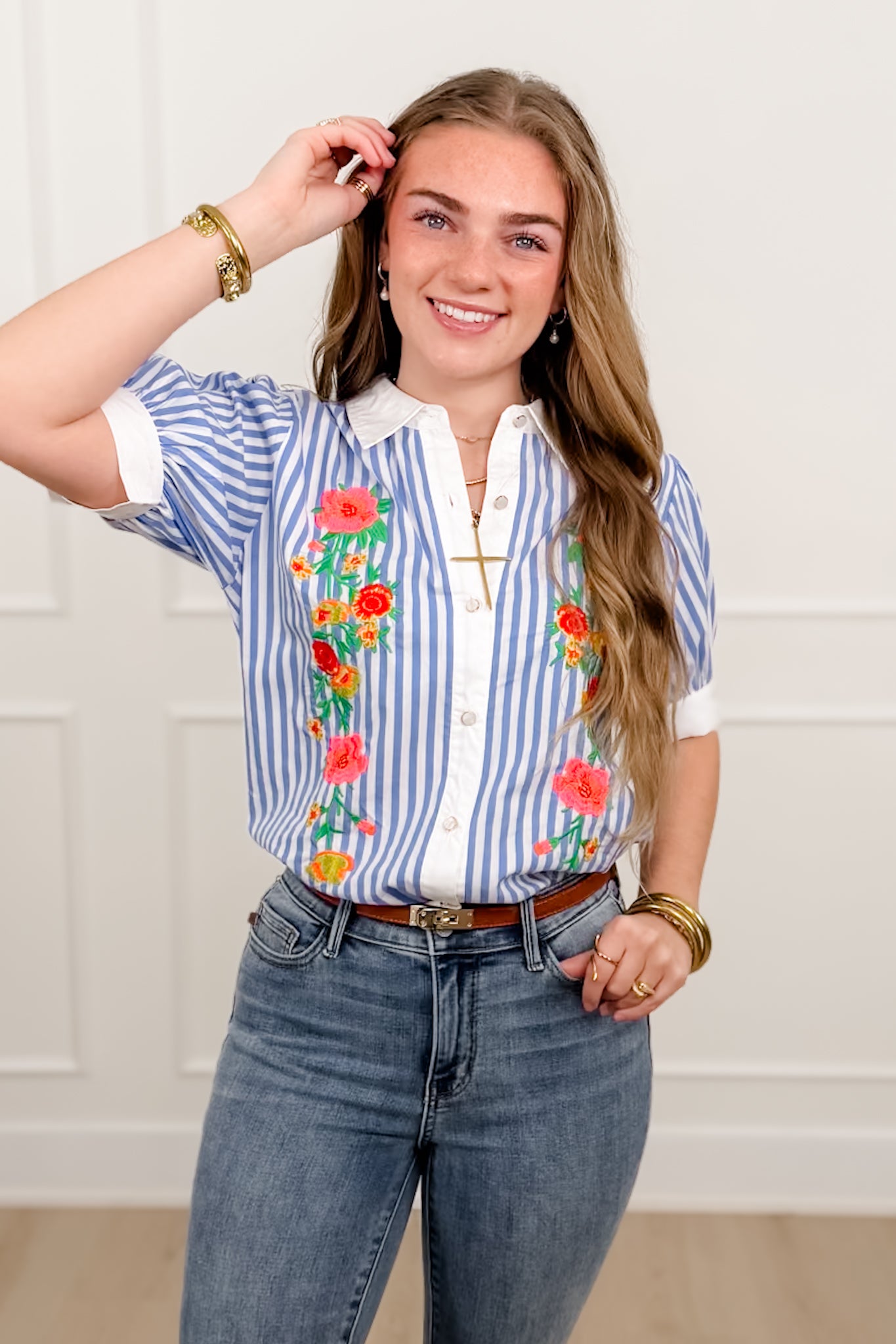 Stripe Floral Short Sleeve Button Down Top