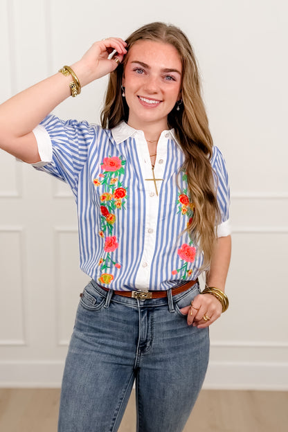 Stripe Floral Short Sleeve Button Down Top