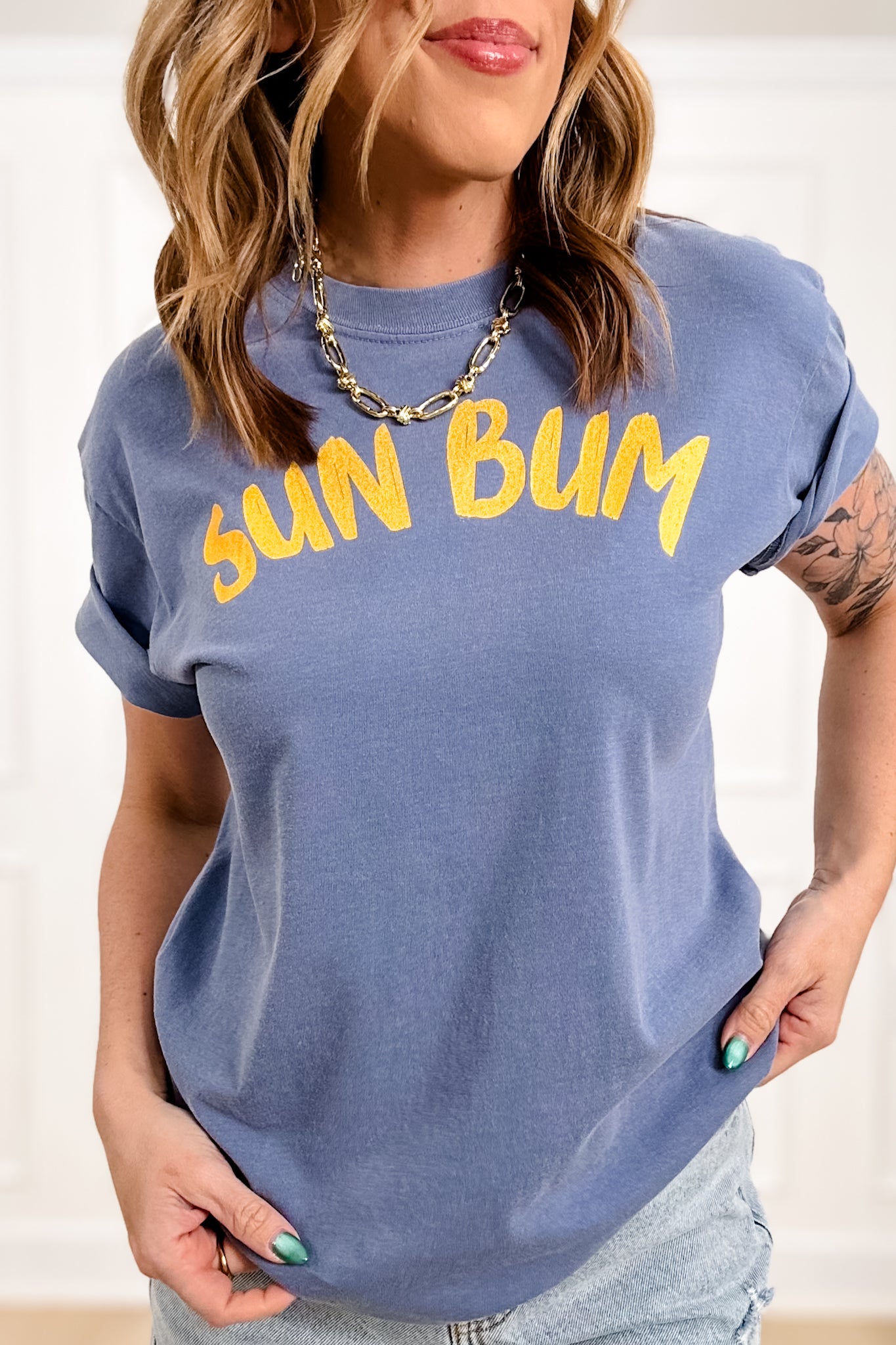 Plus/Reg Short Sleeve Denim Blue "Sun Bum" Graphic Tee