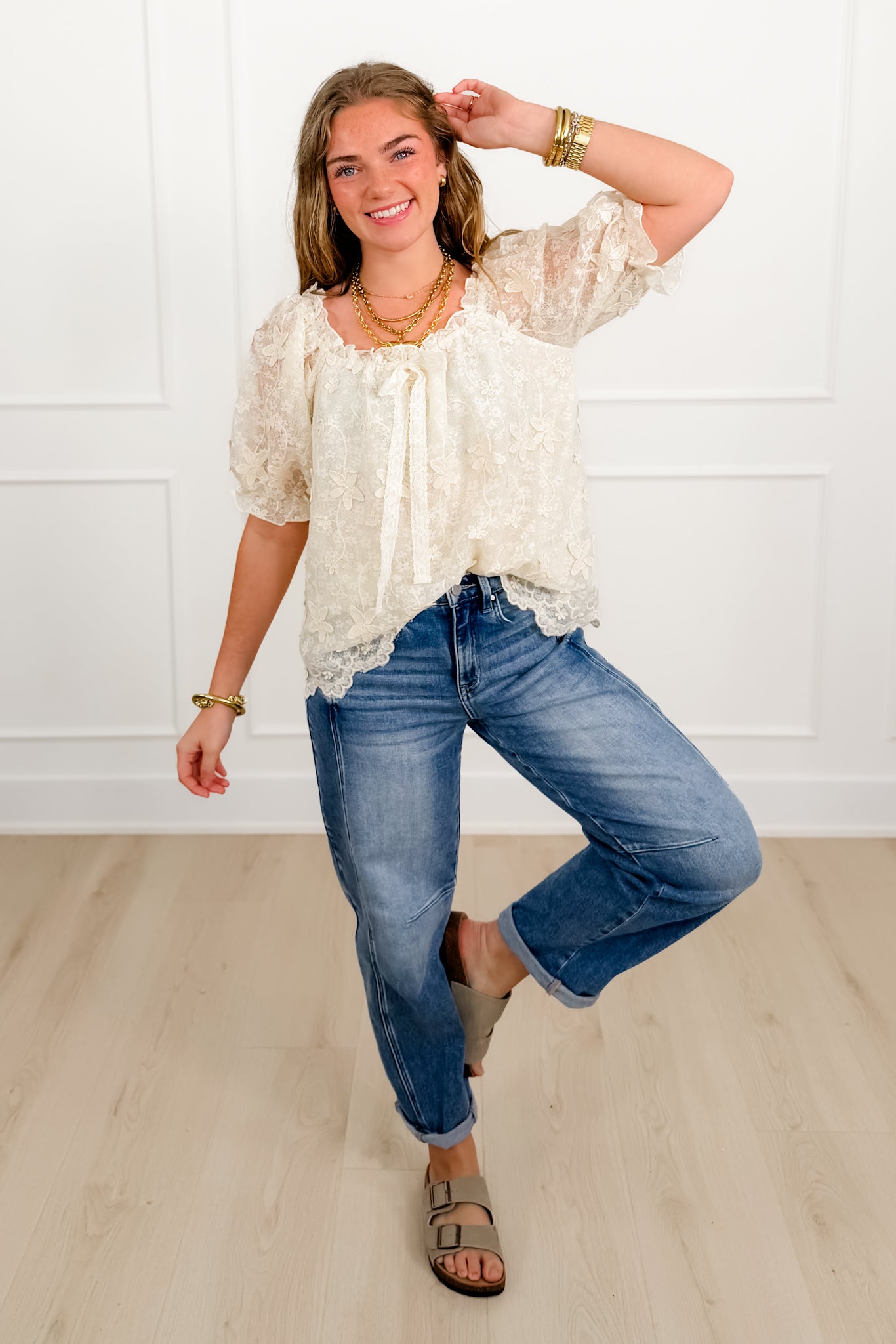 Ivory Floral Textured 3/4 Sleeve Blouse