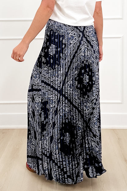 Elastic Waist Bandana Print Pleated Long Skirt