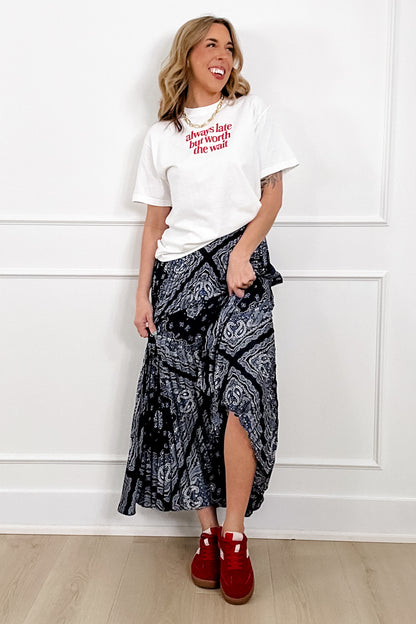 Elastic Waist Bandana Print Pleated Long Skirt