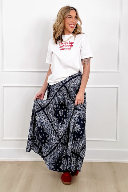 Elastic Waist Bandana Print Pleated Long Skirt