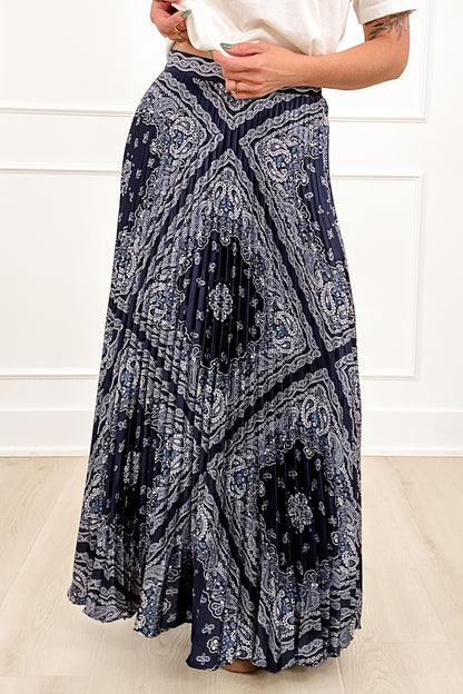 Elastic Waist Bandana Print Pleated Long Skirt