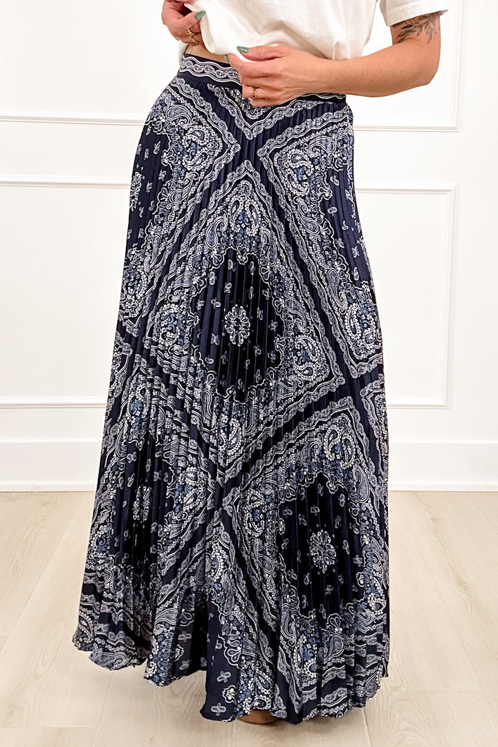 Elastic Waist Bandana Print Pleated Long Skirt - Freckled Poppy