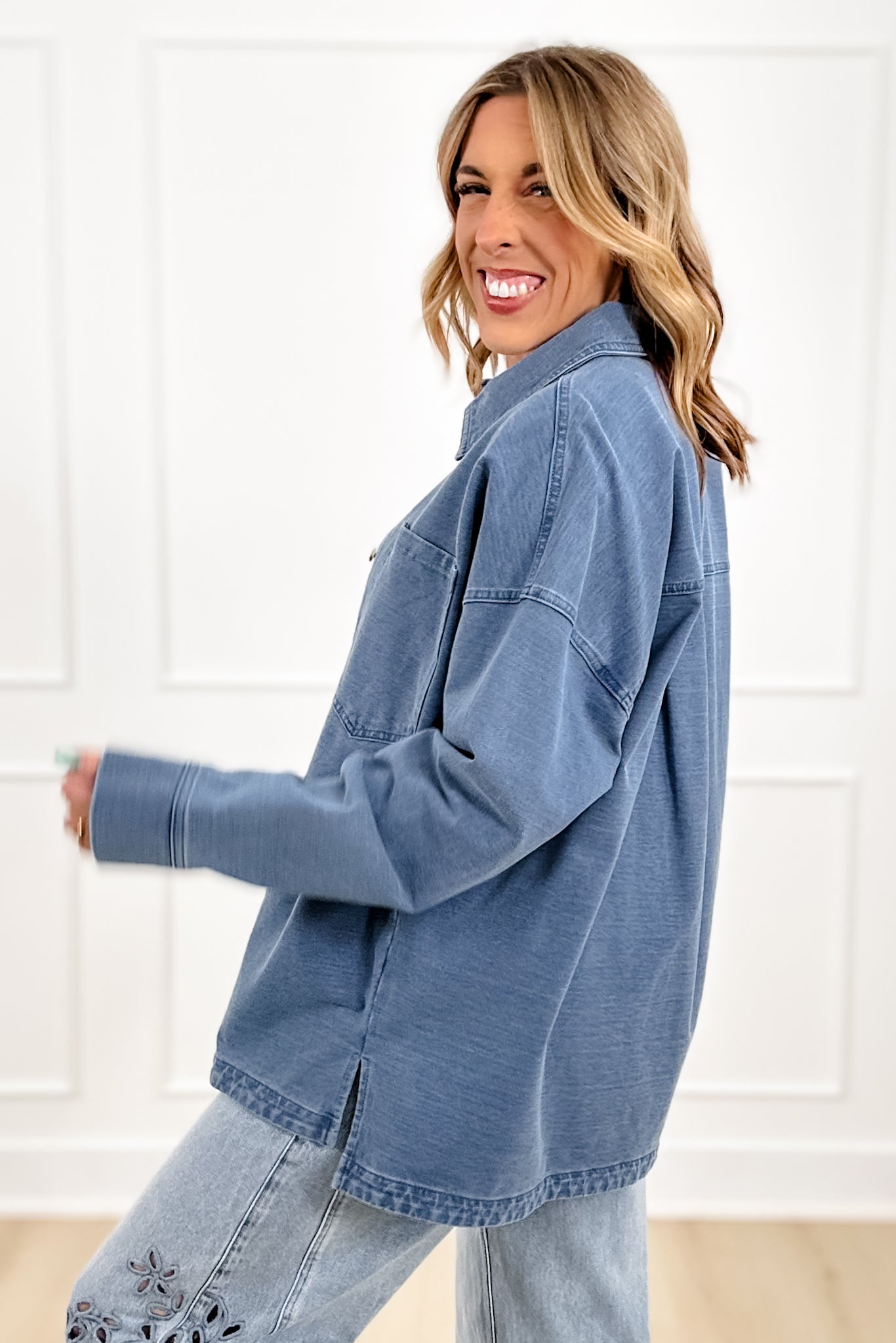 Medium Wash Long Sleeve Button Down Shacket