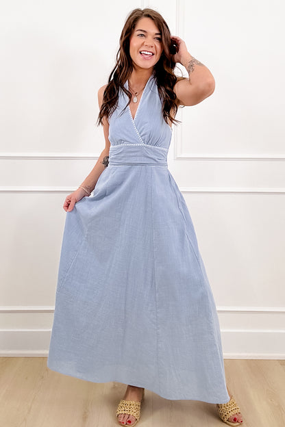 Light Wash Deep V Halter Neck Maxi Dress