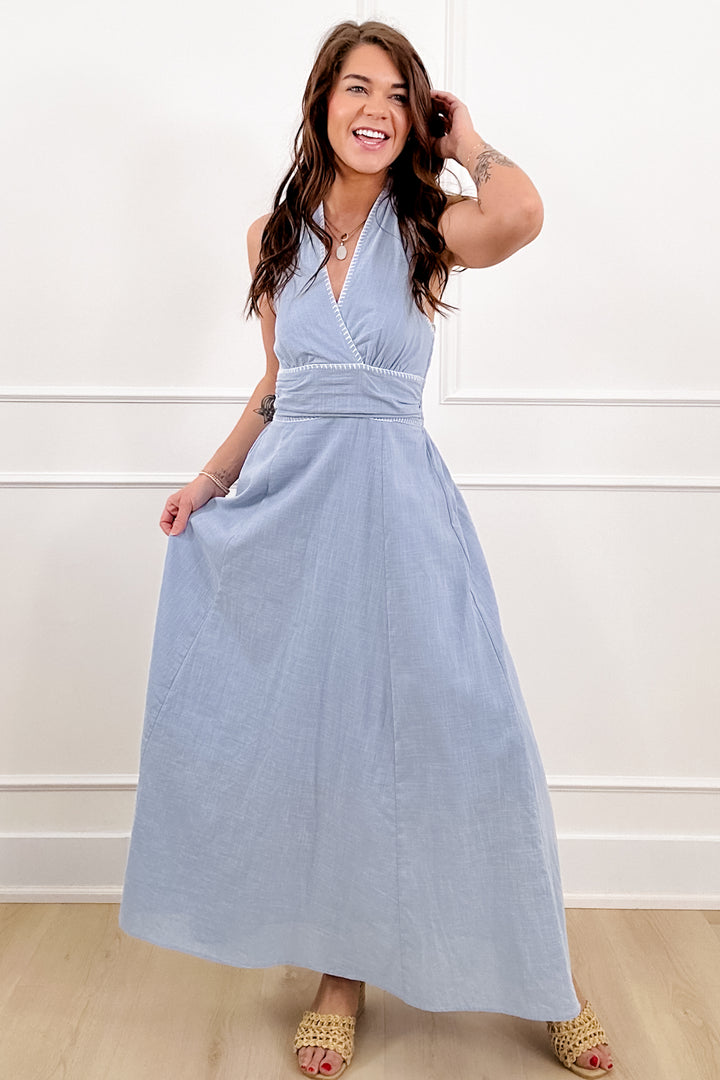 Light Wash Deep V Halter Neck Maxi Dress