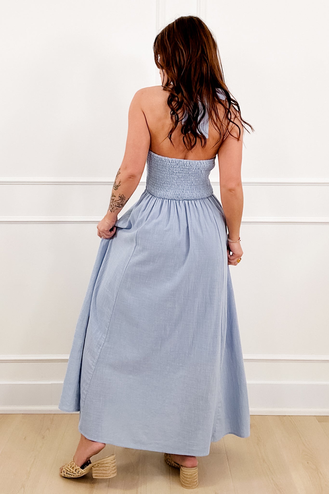 Light Wash Deep V Halter Neck Maxi Dress