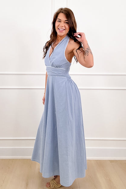 Light Wash Deep V Halter Neck Maxi Dress