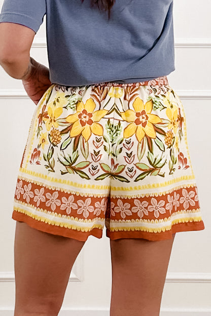 Floral Border Print Elastic Waist Shorts