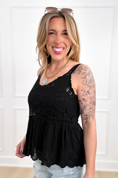 POL Black Crochet Sleeveless Embroidered Top