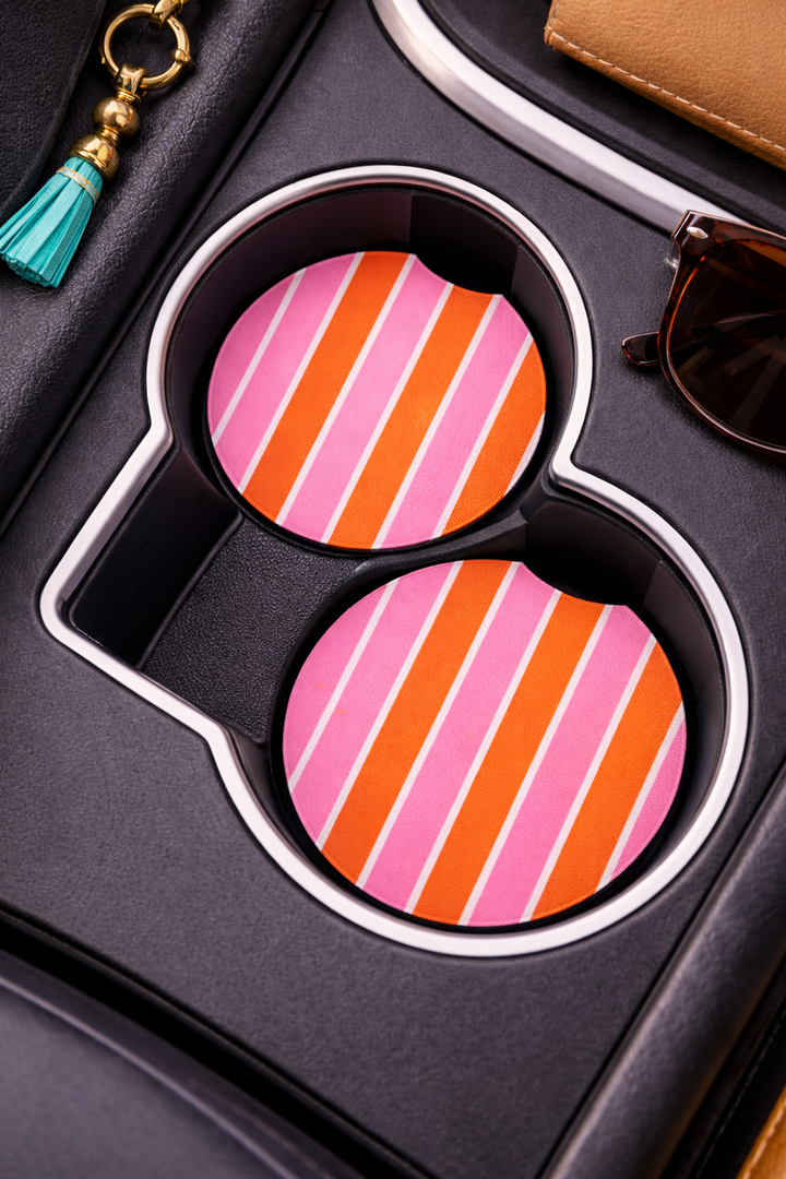 On the Road Car Coaster Set–Sicily Stripes Pink