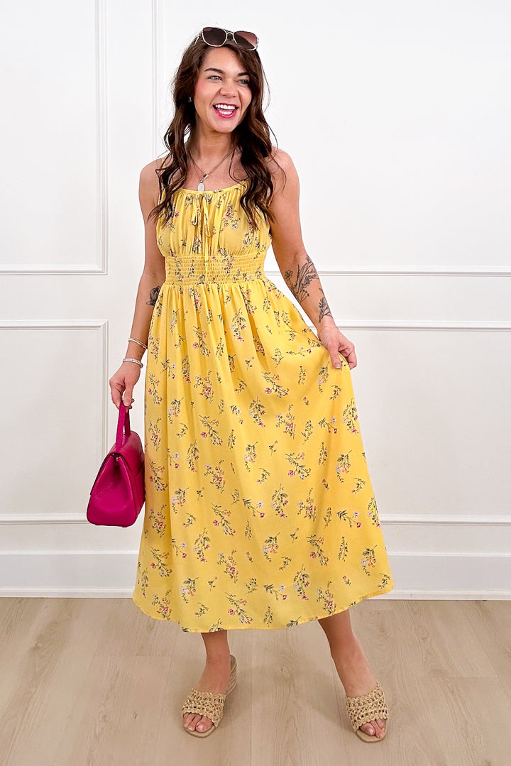 Floral Print Smock Waist Midi Dress with Front Tie