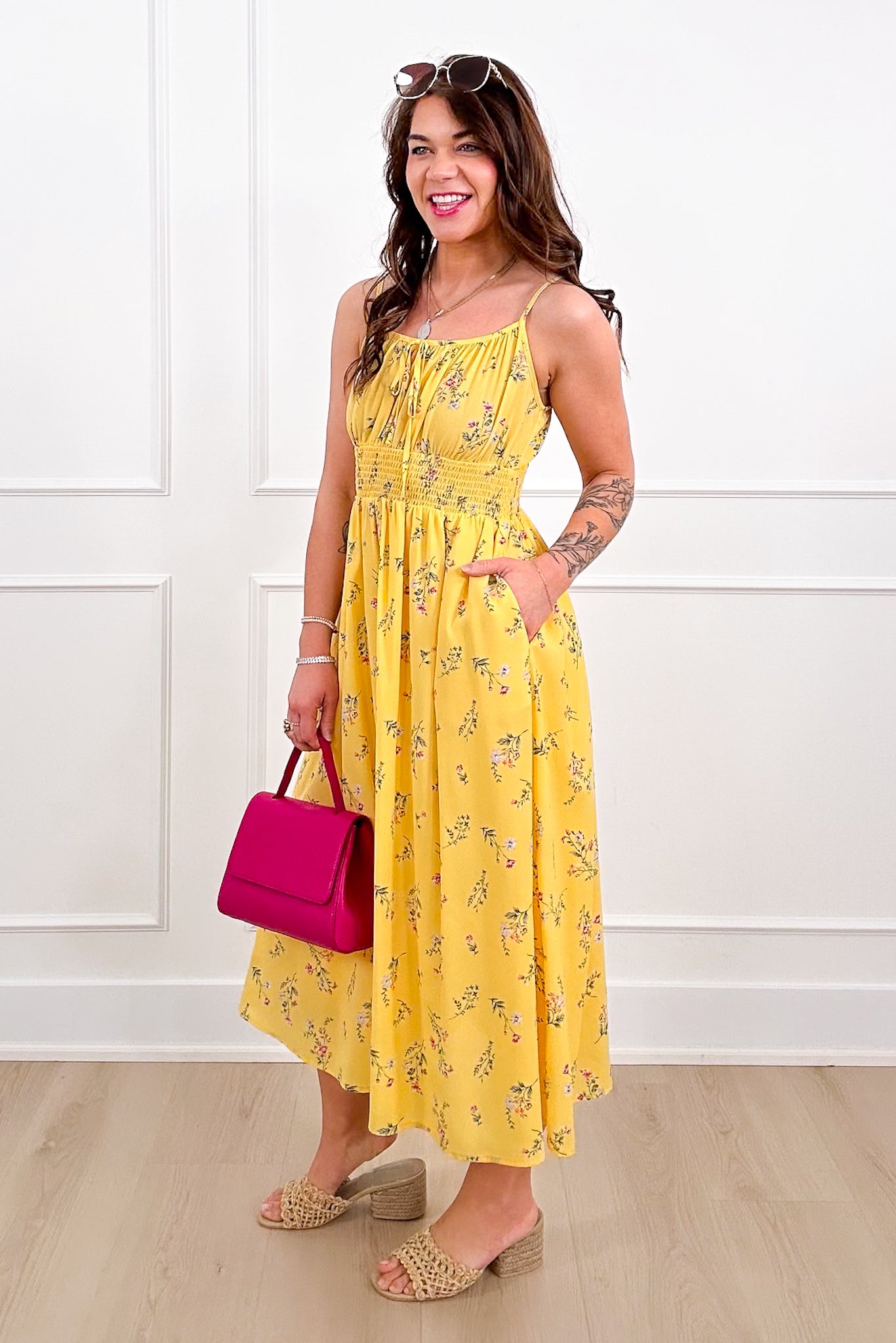 Floral Print Smock Waist Midi Dress with Front Tie