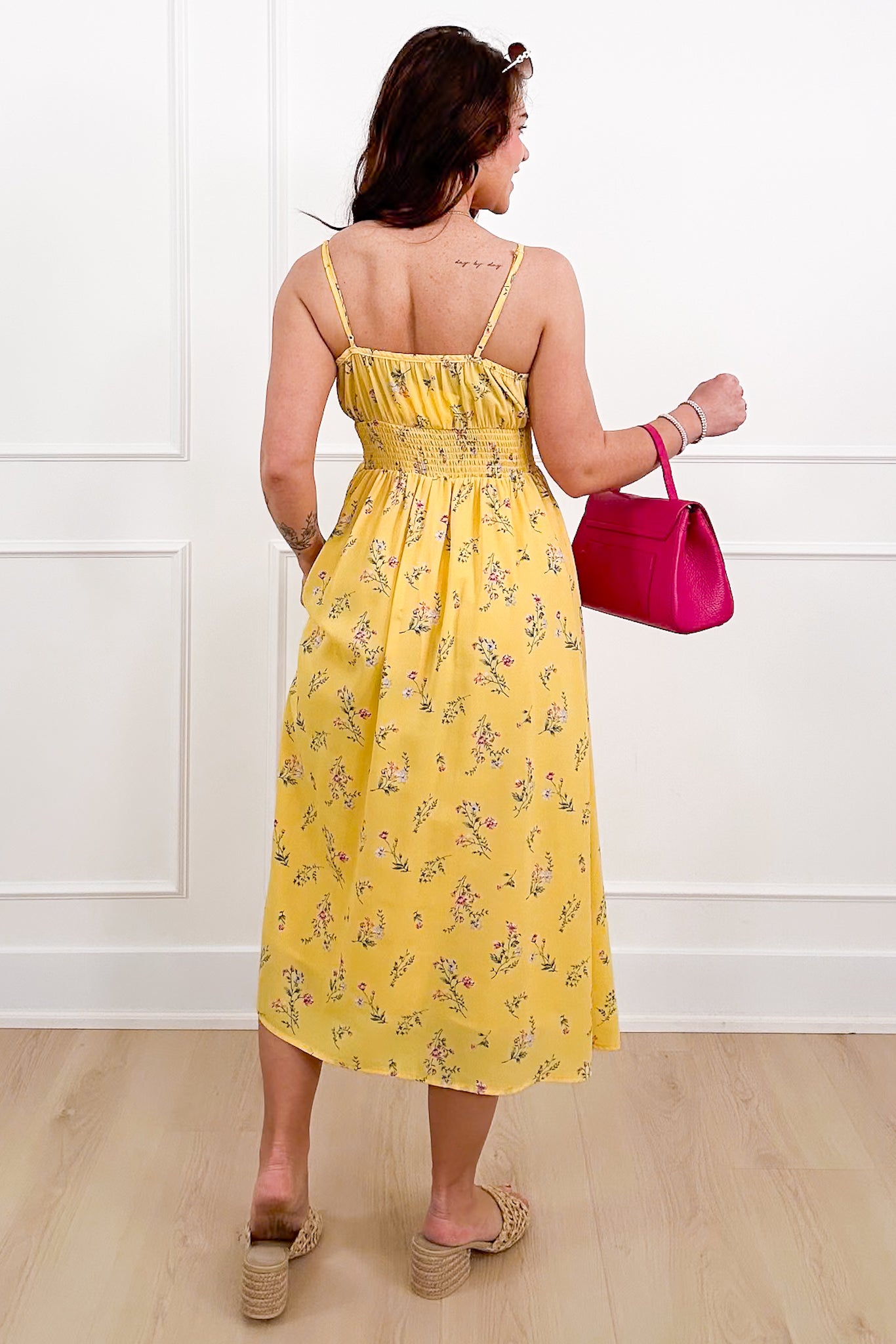 Floral Print Smock Waist Midi Dress with Front Tie