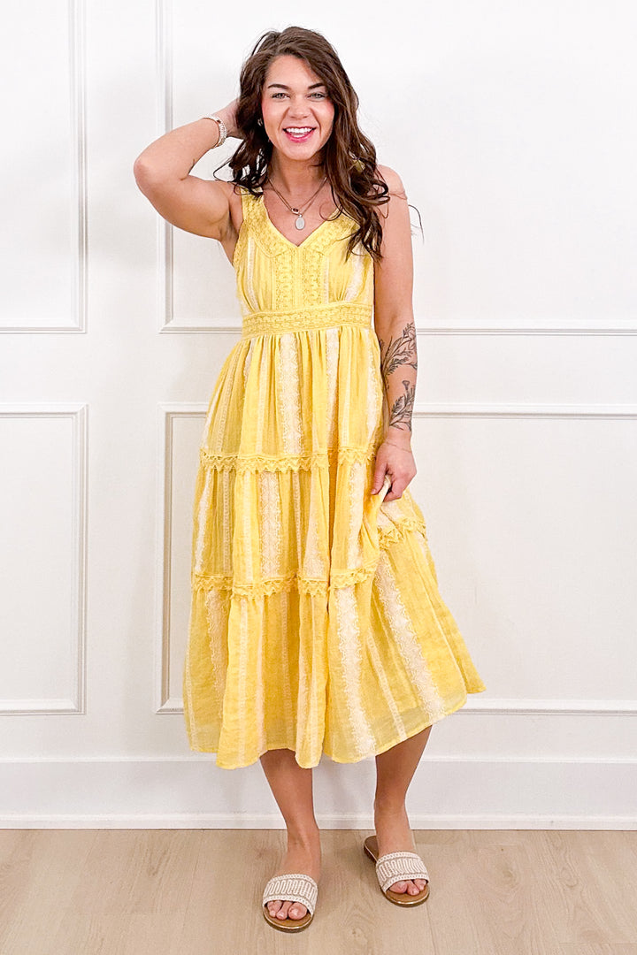 Stripe Embroidered Sleeveless Tiered Dress