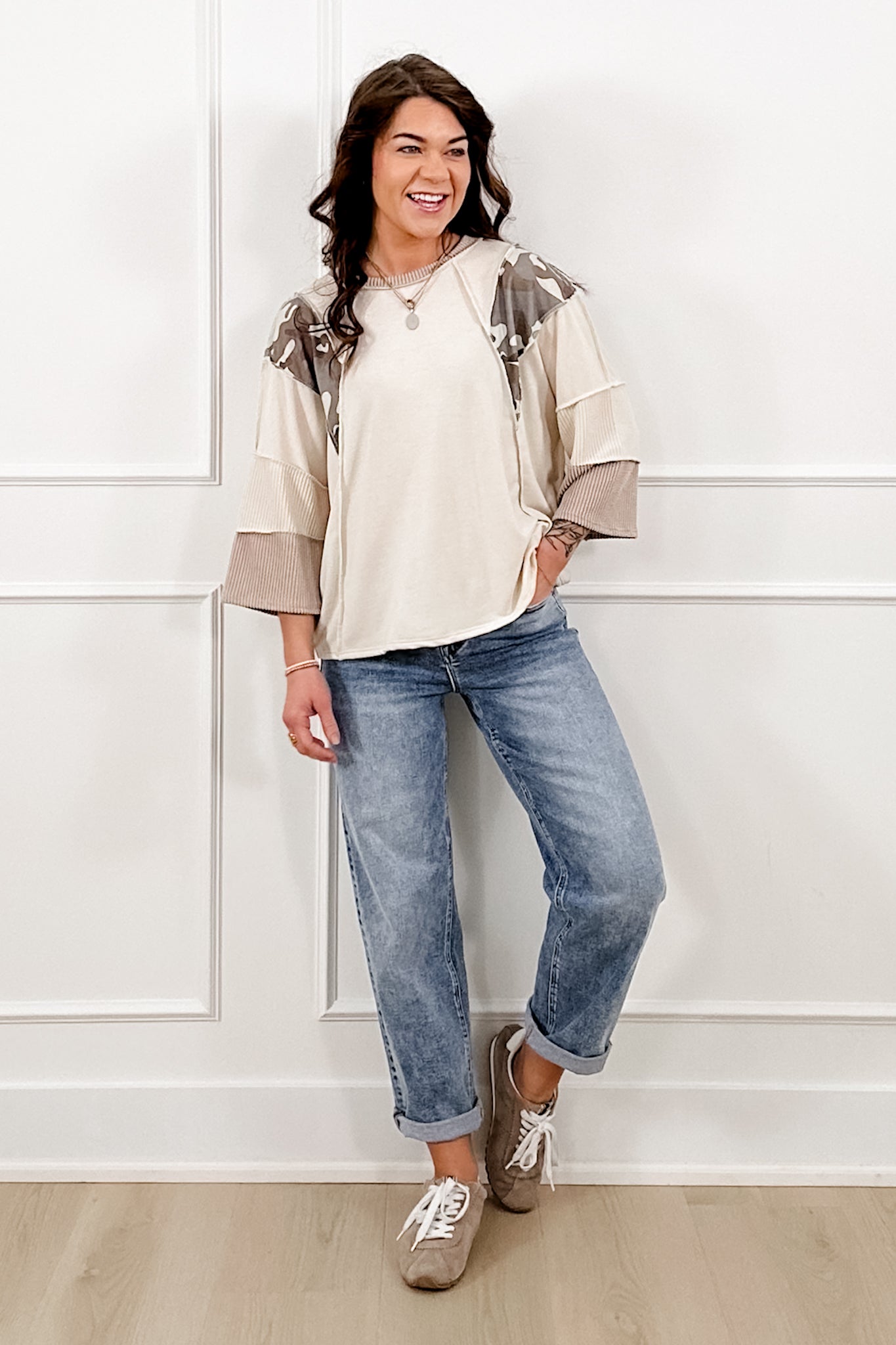 Plus/Reg Color Block 3/4 Sleeve Top with Camo Trim