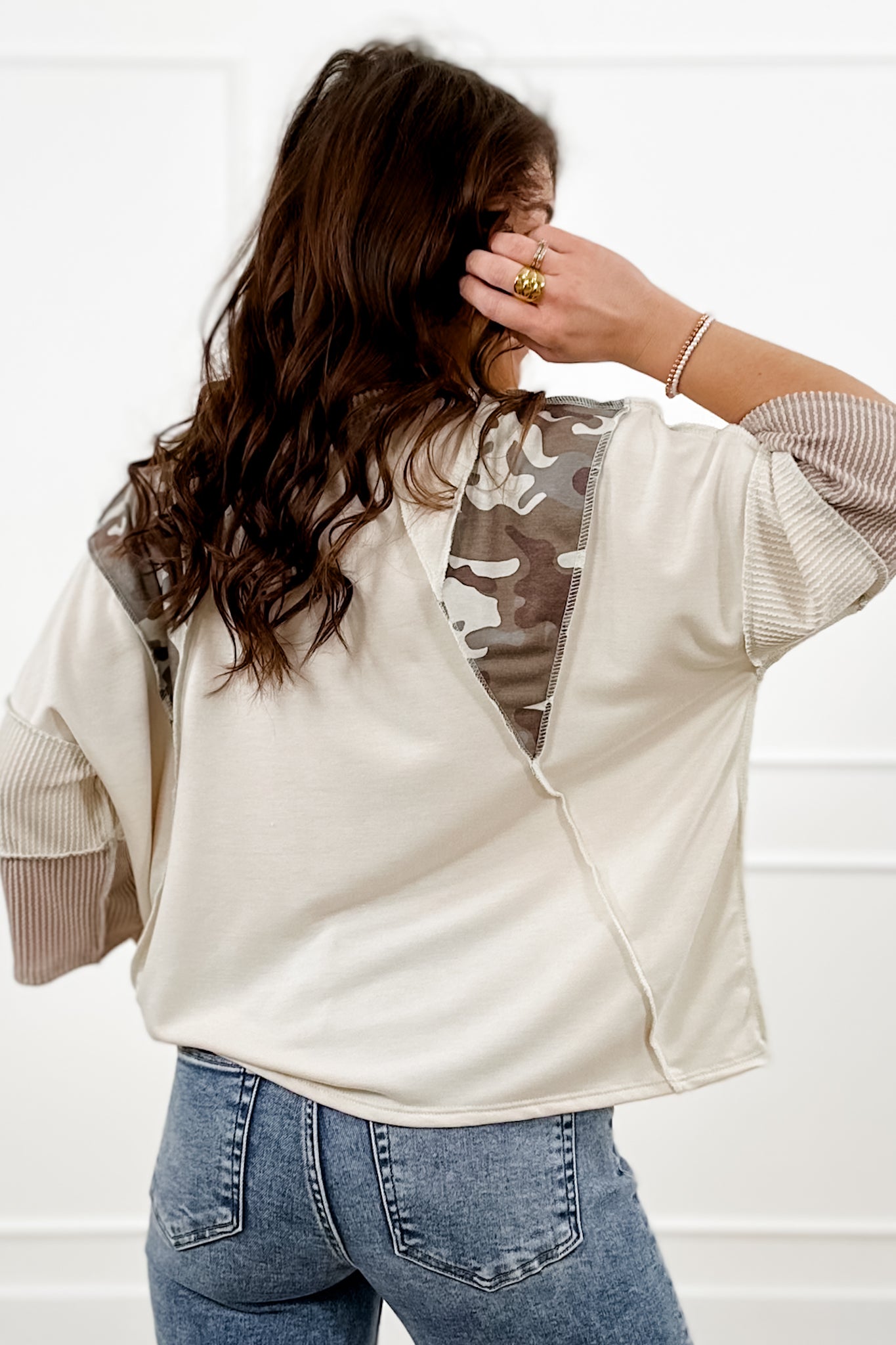 Plus/Reg Color Block 3/4 Sleeve Top with Camo Trim
