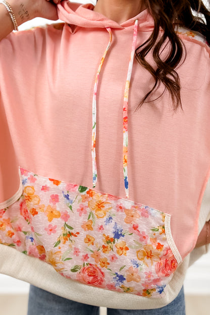 Plus/Reg Color Block Floral Short Sleeve Hoodie Top