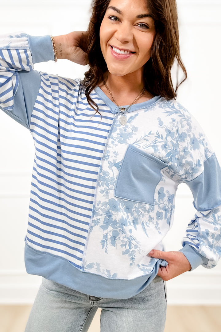 Plus/Reg Floral and Striped Color Block Long Sleeve V Neck Top