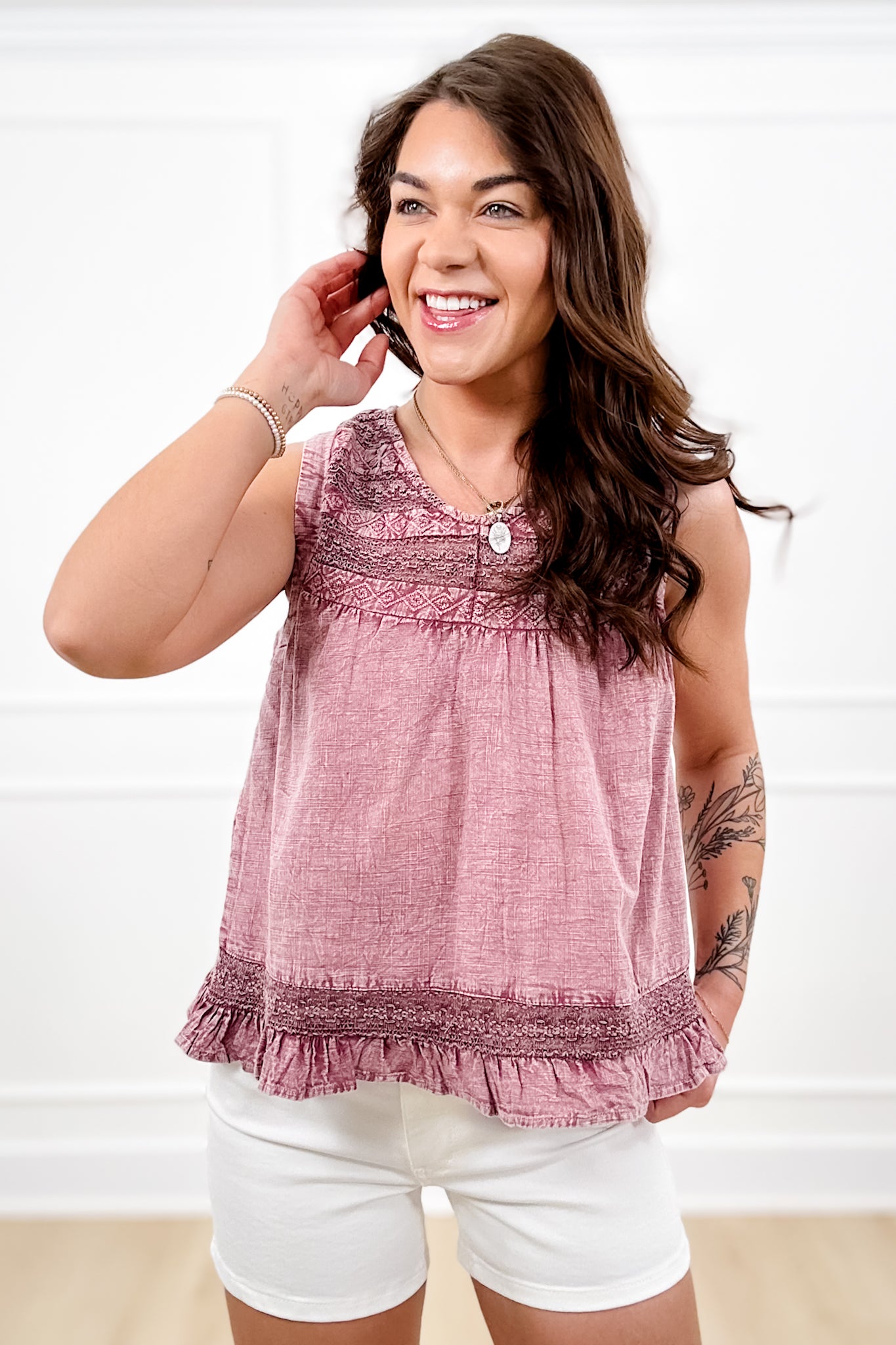 POL Sleeveless Baby Doll Top with Ruffle Trim