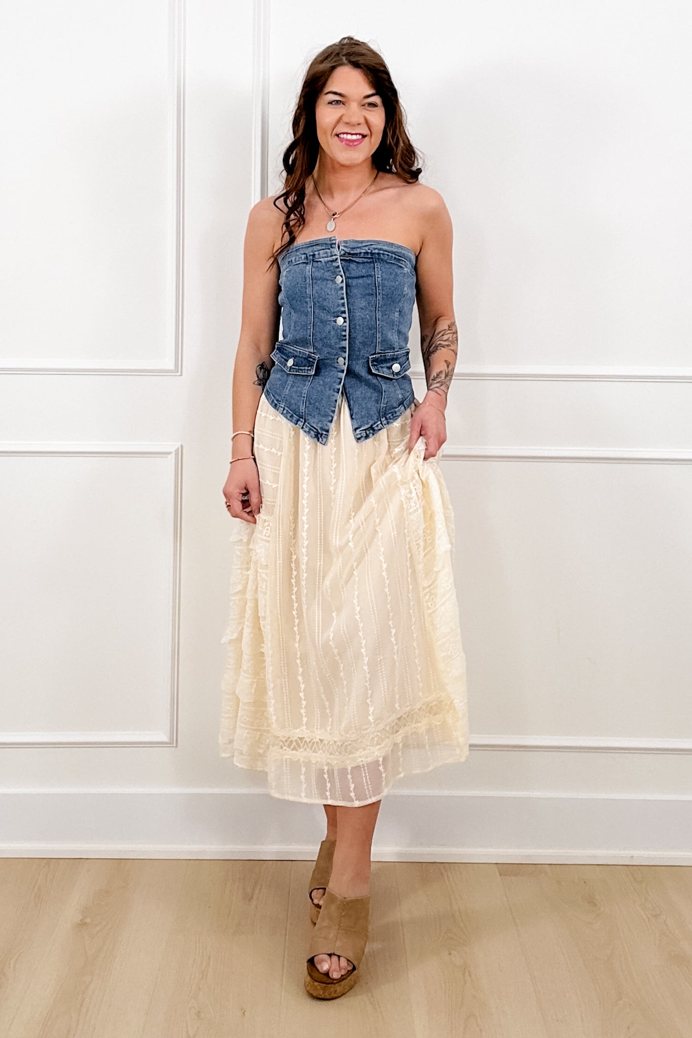 Medium Wash Strapless Button Down Corset Top