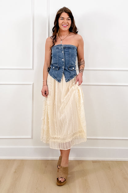 Medium Wash Strapless Button Down Corset Top