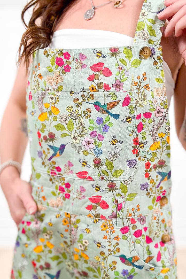 Floral Hummingbird Print Overall Short