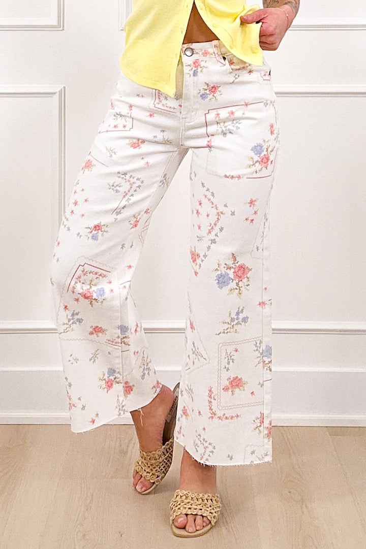 Plus/Reg Floral Print High Rise Twill Pants