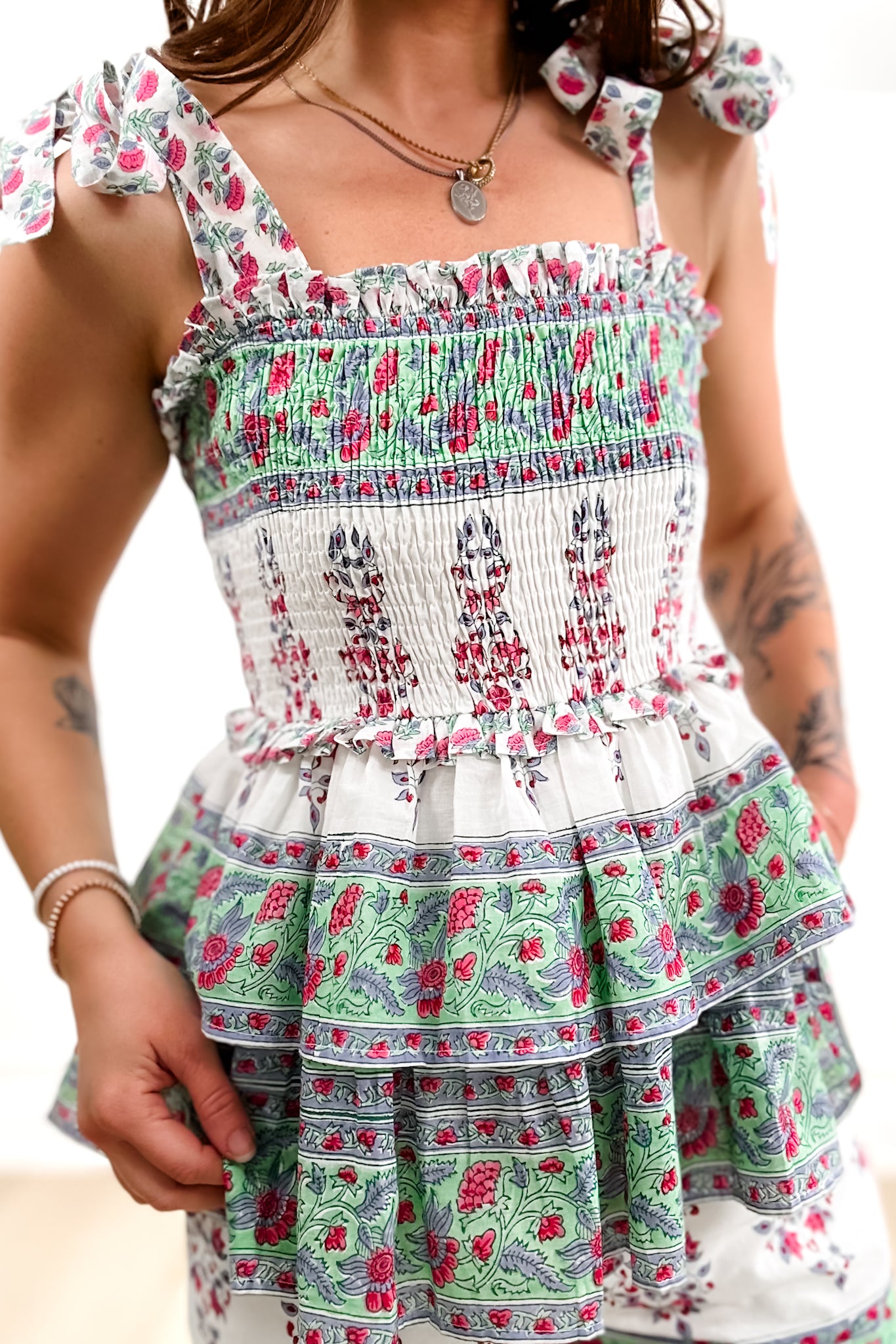 POL  Floral Sleeveless Smocked Ruffed Top