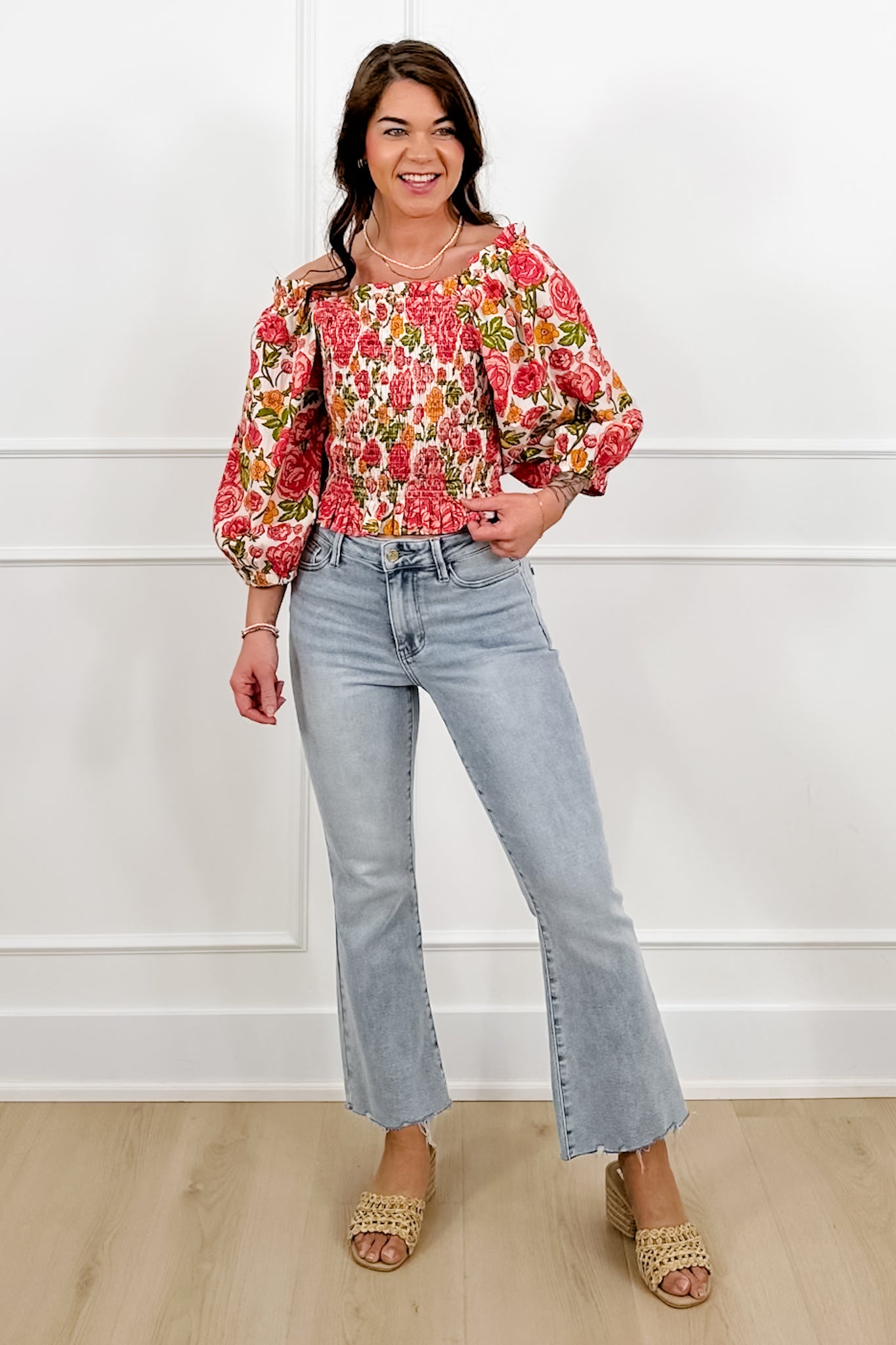 POL Floral Print Off Shoulder Smocked Top