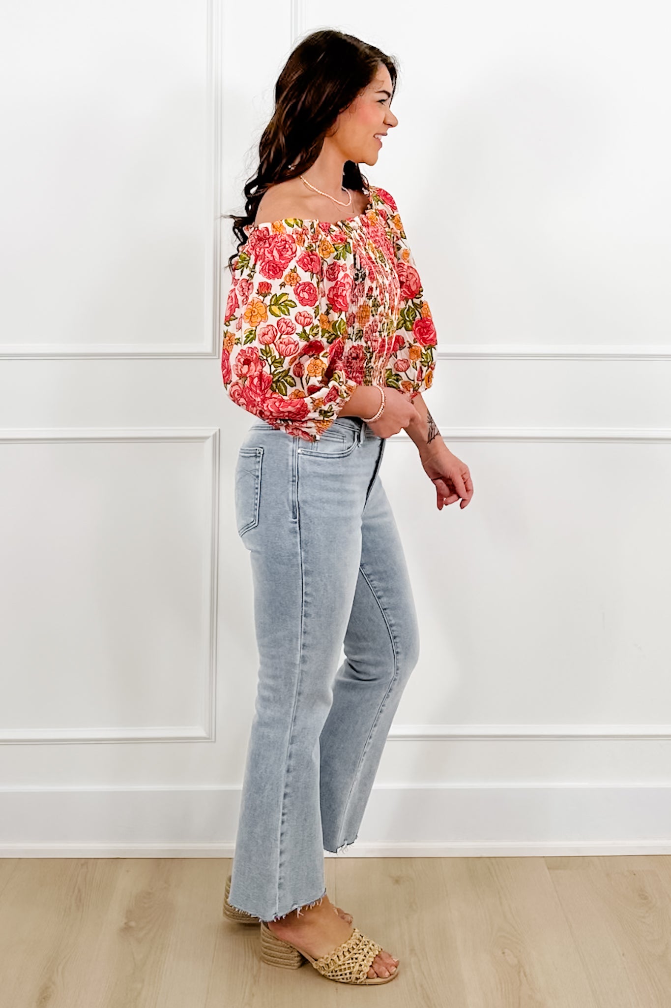 POL Floral Print Off Shoulder Smocked Top