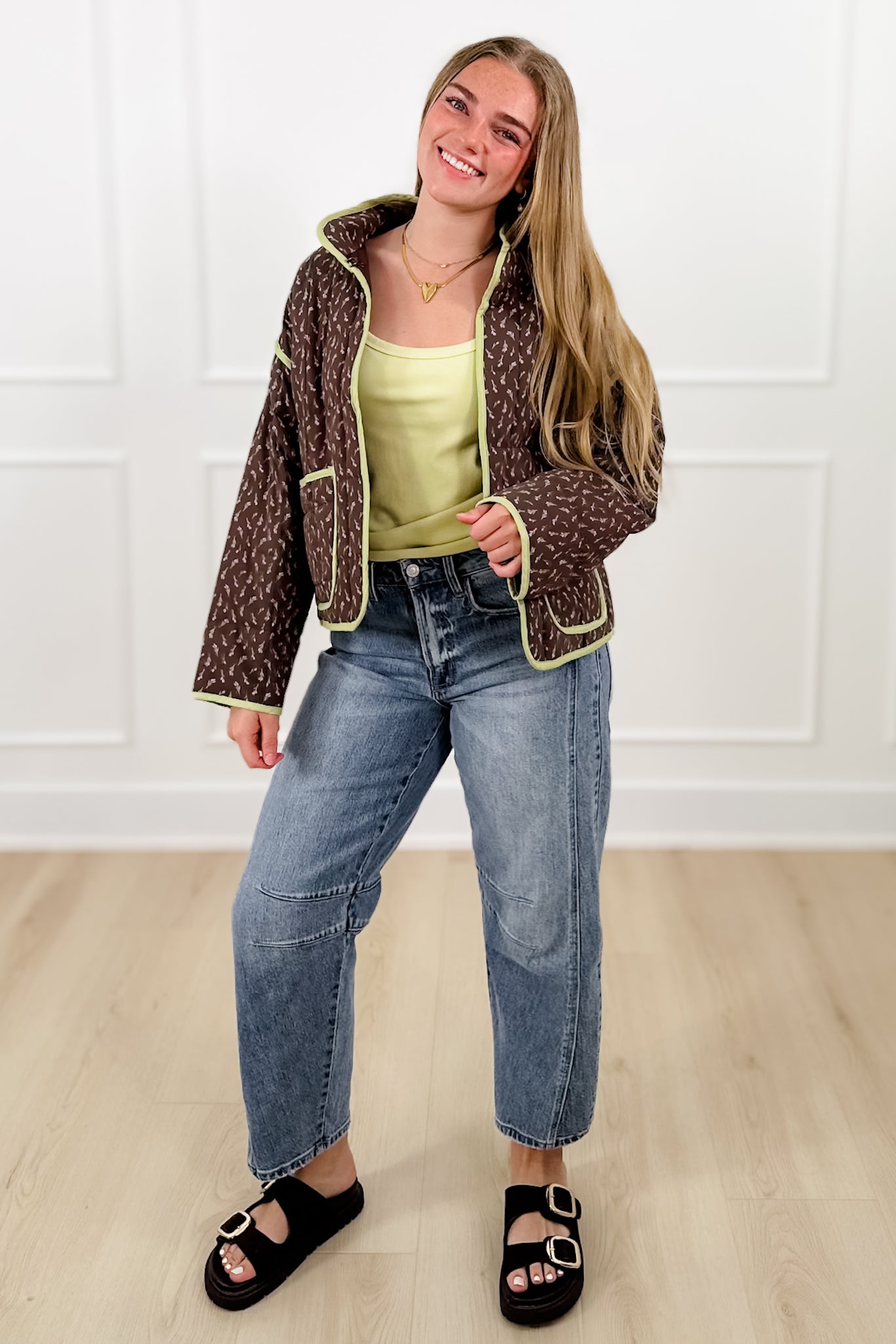 Floral Print Quilted Long Sleeve Jacket with Piping Trim