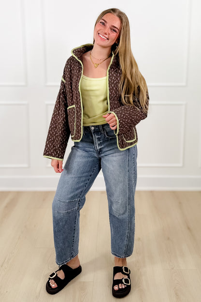 Floral Print Quilted Long Sleeve Jacket with Piping Trim