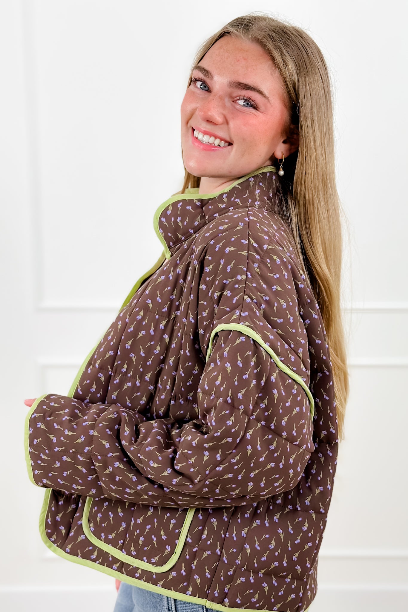 Floral Print Quilted Long Sleeve Jacket with Piping Trim