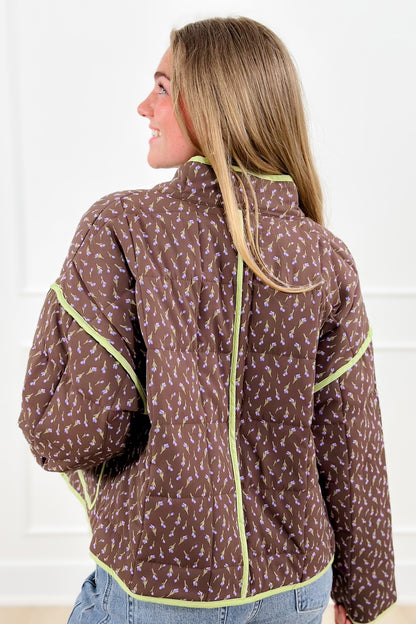 Floral Print Quilted Long Sleeve Jacket with Piping Trim