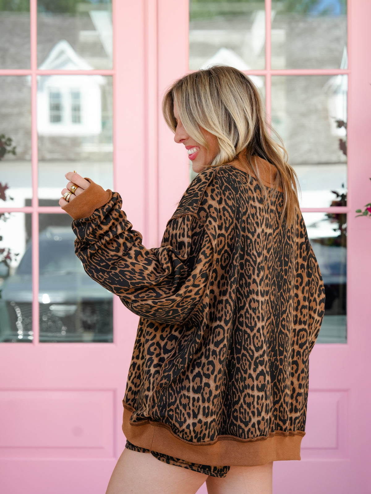 Cheetah Print Long Sleeve Sweatshirt and Elastic Waist Shorts Set
