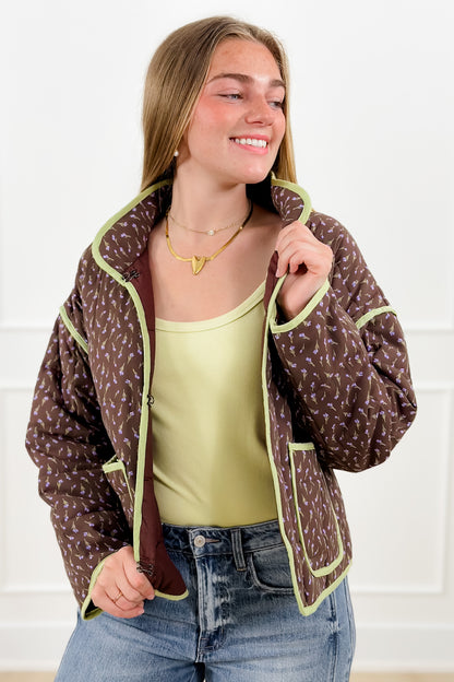 Floral Print Quilted Long Sleeve Jacket with Piping Trim