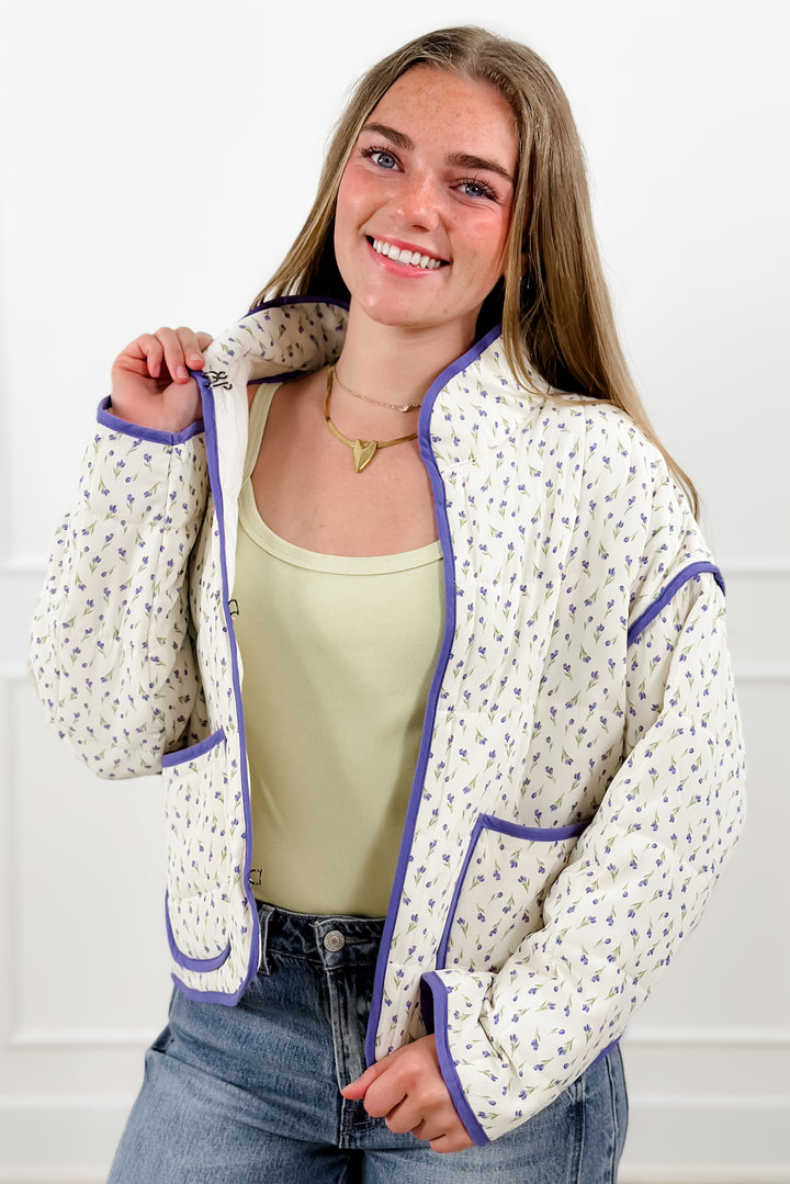 Floral Print Quilted Long Sleeve Jacket with Piping Trim - Freckled Poppy