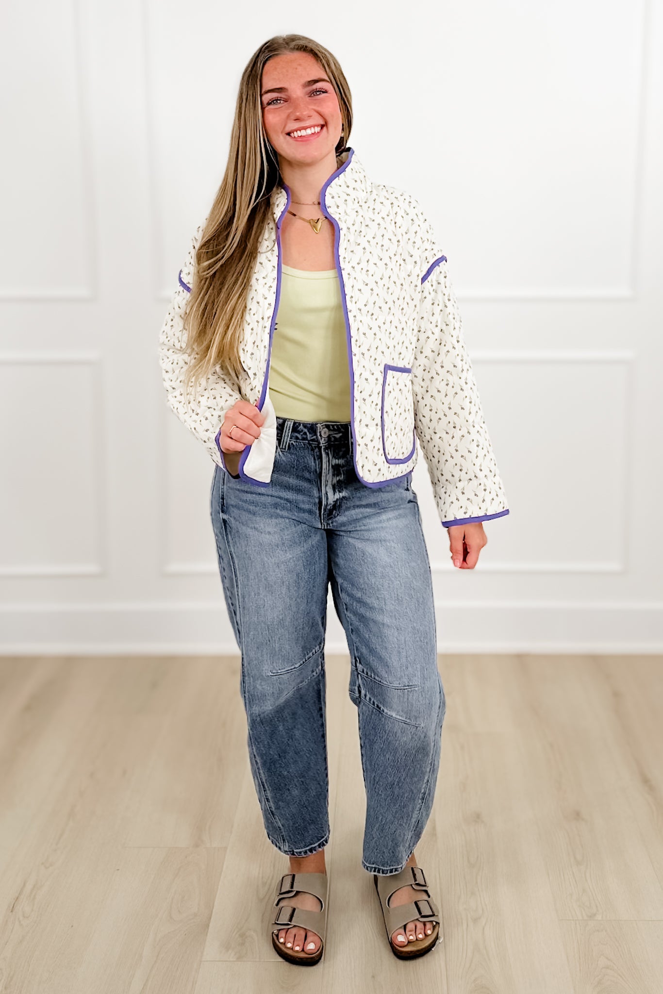 Floral Print Quilted Long Sleeve Jacket with Piping Trim