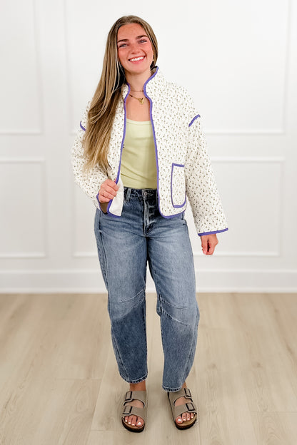 Floral Print Quilted Long Sleeve Jacket with Piping Trim