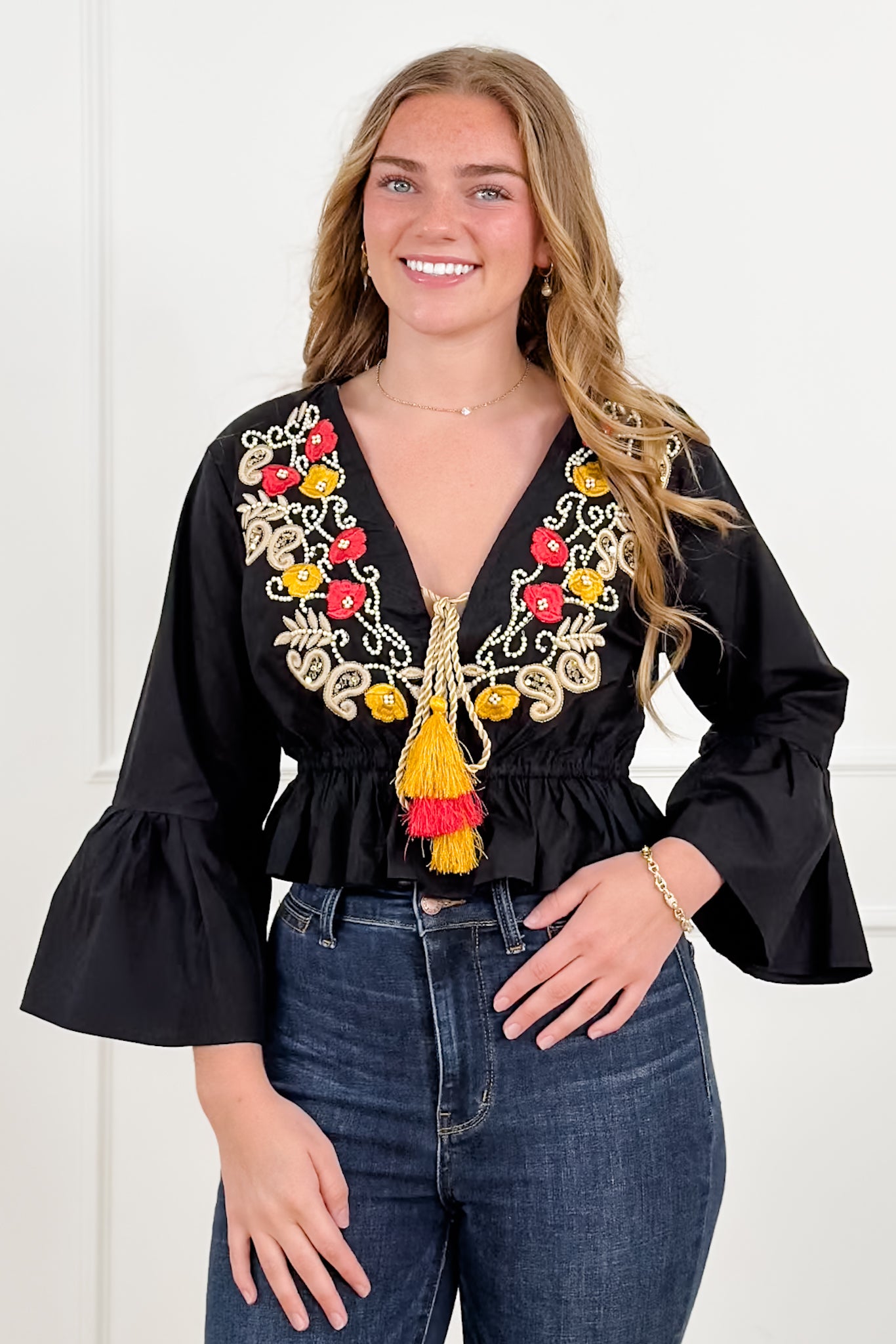 POL Black Embroidered V-Neck Elastic Waist Top